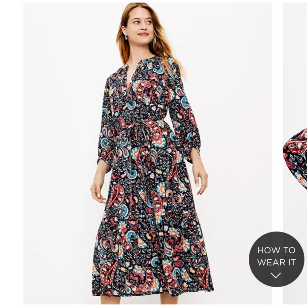 NWT LOFT Women's Petite Shimmer Paisley Tie Neck Midi Dress